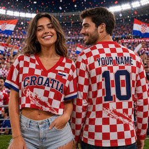 Puede incluir: Un top corto de cuello en V con cuadros rojos y blancos con la palabra CROATIA impresa en el frente y una camiseta de manga larga con el texto YOUR NAME y el n&uacute;mero 10 en la espalda, ambos con un patr&oacute;n de cuadros rojos y blancos.