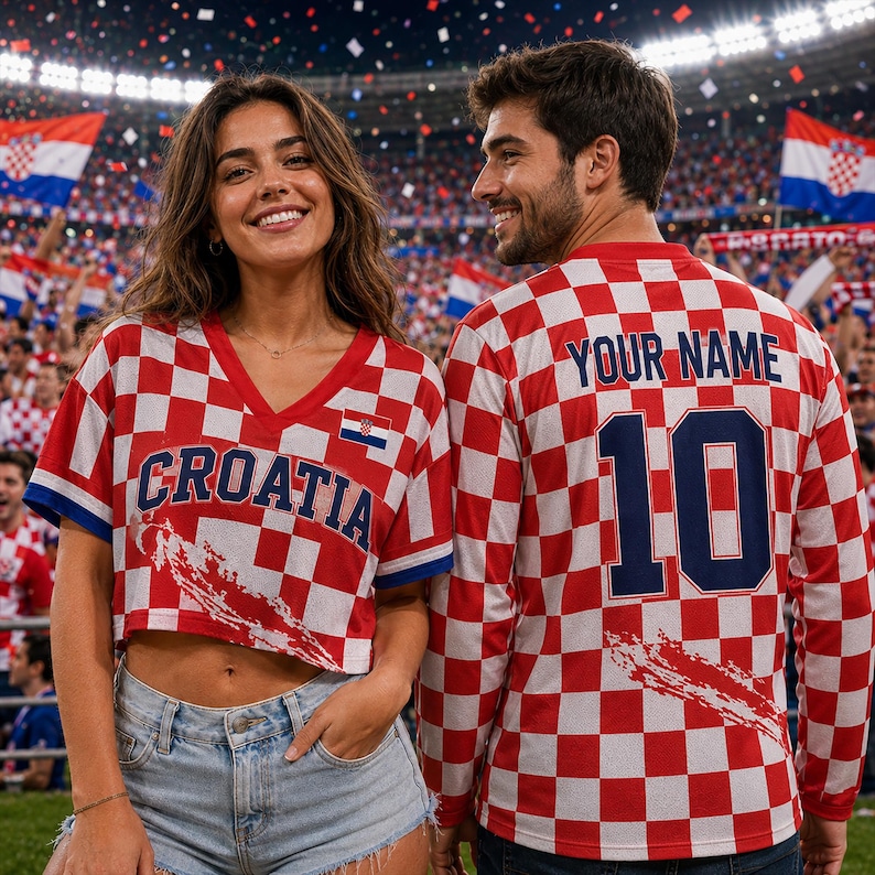 Puede incluir: Un top corto de cuello en V con cuadros rojos y blancos con la palabra CROATIA impresa en el frente y una camiseta de manga larga con el texto YOUR NAME y el n&uacute;mero 10 en la espalda, ambos con un patr&oacute;n de cuadros rojos y blancos.