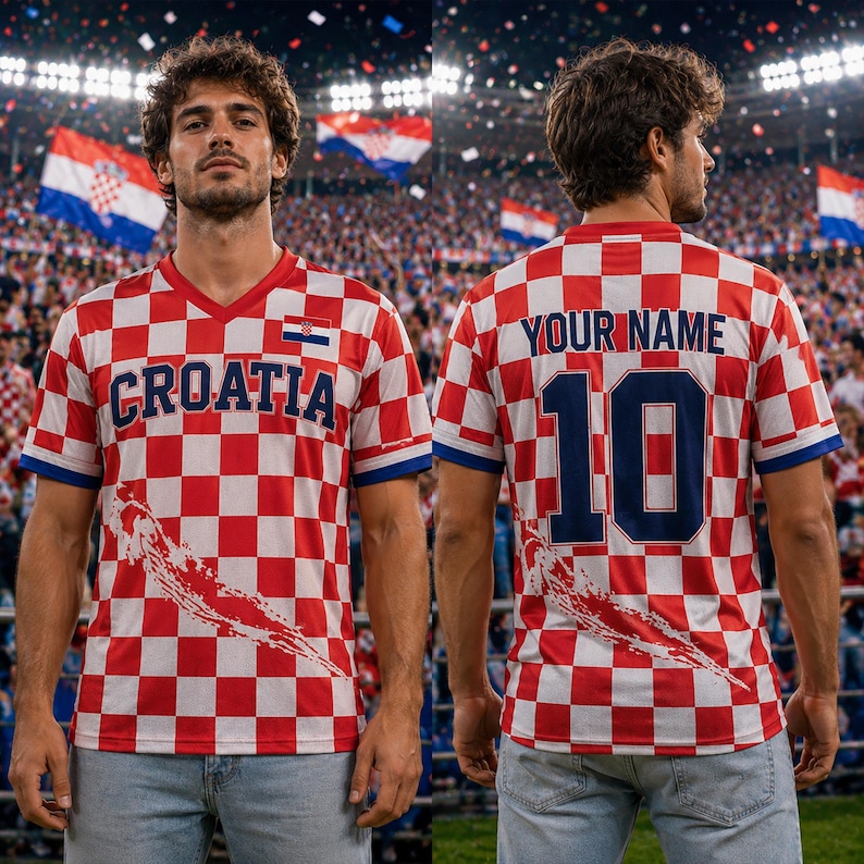 Puede incluir: Una camiseta de f&uacute;tbol a cuadros rojos y blancos con la palabra CROATIA en letras azul oscuro en la parte delantera y el texto YOUR NAME con el n&uacute;mero 10 en azul oscuro en la parte trasera. Incluye un peque&ntilde;o emblema de la bandera croata.