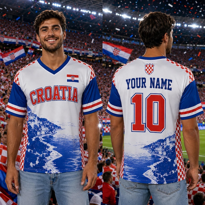 May include: A white, blue, and red Croatia soccer jersey featuring a V-neck, the word CROATIA on the chest, and a coastal landscape graphic. The back displays the text YOUR NAME above the number 10, with a red and white checkered pattern on the sides.