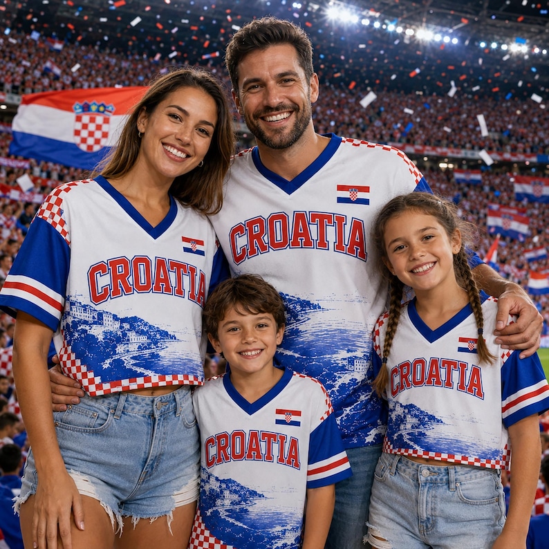 May include: A group of people wearing white V-neck shirts with blue sleeves, red and white checkered trim, and the word CROATIA printed in red letters above a blue and white coastal landscape graphic, featuring a small Croatian flag emblem.