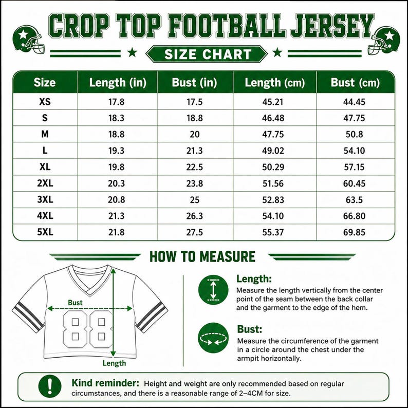Puede incluir: Una tabla de tallas verde y blanca para una camiseta de f&uacute;tbol corta. La tabla incluye columnas para talla, longitud en pulgadas y busto en pulgadas, junto con conversiones m&eacute;tricas. Incluye un diagrama sobre c&oacute;mo medir la longitud y el busto.