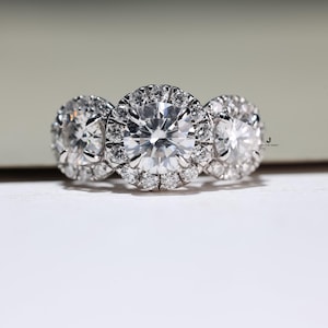 Round Brilliant Moissanite Stone Engagement Ring, Trinity Halo Setting Silver Jewelry