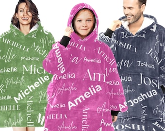 Personalized Name Hoodie Blanket | Custom All Over Name Print Wearable Blanket | Oversized Plush Hooded Blanket Gift for Kids & Adults