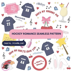 May include: A digital seamless pattern featuring hockey jerseys with names and numbers, cherries with a pink bow, a cocktail, butterflies, musical notes, hearts, stars, and text including HOCKEY ROMANCE SEAMLESS PATTERN and don't blush.