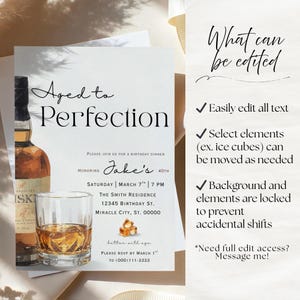 Peut inclure: Une invitation d'anniversaire avec le texte "Aged to Perfection". Le design comprend une bouteille de whisky, un verre de whisky avec des gla&ccedil;ons et des &eacute;l&eacute;ments de texte modifiables pour les d&eacute;tails de l'&eacute;v&eacute;nement.