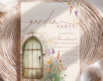 May include: A garden party invitation with a watercolor illustration of a weathered green door and colorful flowers. The invitation text reads "Garden Party" and announces Amelia's 30th birthday.