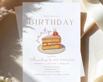May include: A birthday party invitation with a slice of cake illustration. The invitation features the text "BIRTHDAY" in a serif font, with the words "party" in a script font. The invitation includes the text "Amelia's 2nd Birthday" and event details.