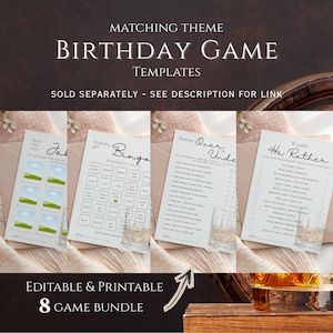 Peut inclure: Ensemble de mod&egrave;les de jeux d'anniversaire imprimables. Les jeux incluent "How Old Was Jak", "Birthday Bingo", "Birthday Quer Unde" et "Would He Rather". Le texte "Matching Theme Birthday Game Templates" est en haut. La phrase "Editable & Printable 8 Game Bundle" est en bas.