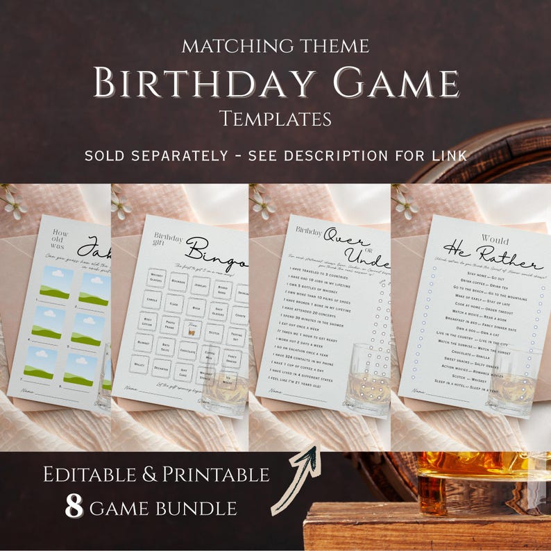 Peut inclure: Ensemble de mod&egrave;les de jeux d'anniversaire imprimables. Les jeux incluent "How Old Was Jak", "Birthday Bingo", "Birthday Quer Unde" et "Would He Rather". Le texte "Matching Theme Birthday Game Templates" est en haut. La phrase "Editable & Printable 8 Game Bundle" est en bas.