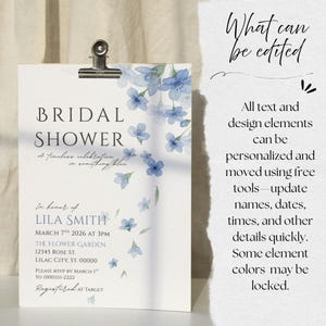 Bridal Shower Invitation, Blue Floral Bridal Shower Invite, Something Blue Invitation, Elegant Bridal Shower Template, Editable Printable image 6