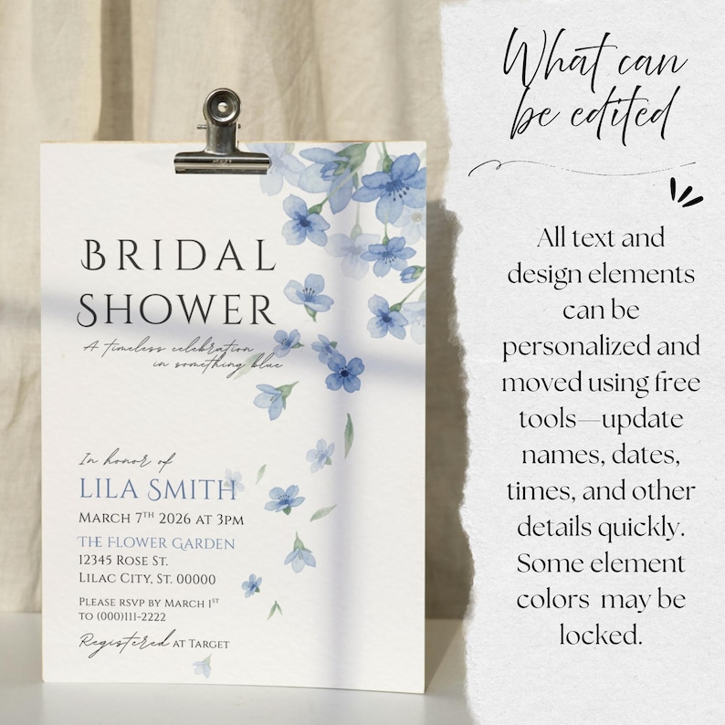 Bridal Shower Invitation, Blue Floral Bridal Shower Invite, Something Blue Invitation, Elegant Bridal Shower Template, Editable Printable image 6