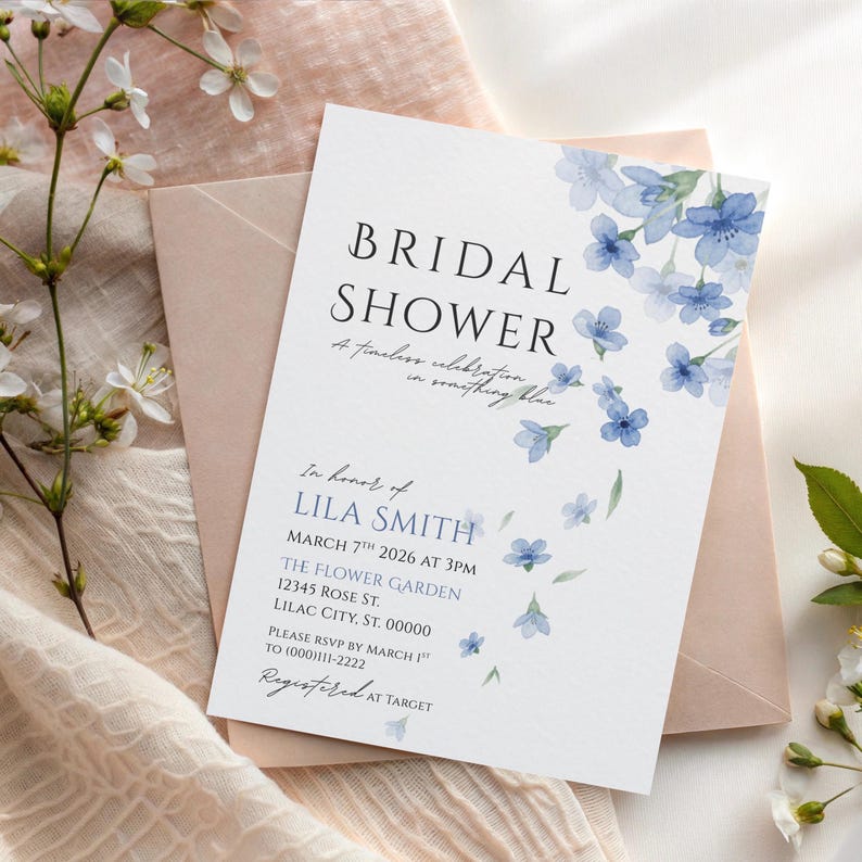 May include: A white bridal shower invitation with blue floral accents and the text "BRIDAL SHOWER". The invitation includes details for Lila Smith's shower, including the date, time, and location. A pink envelope is behind the invitation.