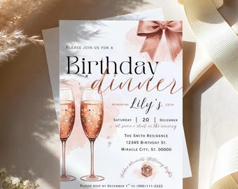 Rose Gold Champagne Birthday Invitation | Elegant Birthday Party Invite | Editable Canva Template | Digital Download