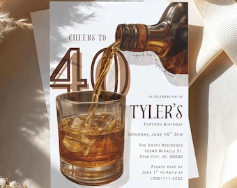 May include: A birthday invitation card featuring a brown glass bottle pouring amber liquid into a glass with ice cubes. The text reads: CHEERS TO 40, aged to perfection, IN CELEBRATION OF TYLER'S FORTIETH BIRTHDAY, SATURDAY, JUNE 16TH 3PM, THE SMITH RESIDENCE 12345 MIRACLE ST. STAR CITY, ST. 00000, PLEASE RSVP BY JUNE 1ST TO KATIE AT (000)111-2222.