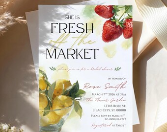 Fresh Off the Market Bridal Shower Invitation | Strawberry Lemon Theme | Elegant Spring Summer Editable Bridal Invite | Canva Template
