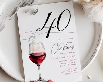 40th Birthday Party Invitation, Cheers to Forty Invite Template, Elegant Wine Invite, Wine Invite, Minimalist Adult Birthday, Canva Editable