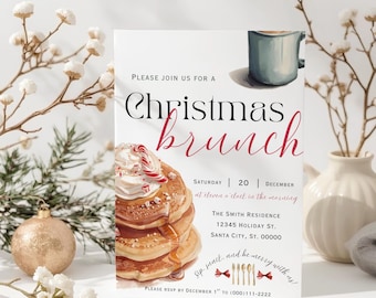 May include: A rectangular Christmas brunch invitation card featuring a stack of pancakes topped with whipped cream and a candy cane, a blue mug, and text that reads Please join us for a Christmas brunch, Saturday 20 December, and address details.