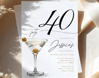 40th Birthday Invite Template, Martini Birthday Invitation, Forty and Fabulous, Cocktail Birthday Party, Modern Elegant, Canva Editable