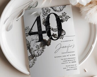 May include: A rectangular invitation card for a 40th birthday celebration featuring a large black number 40 with a lace pattern overlay. The text reads: In celebration of Jennifer's Fortieth Birthday, Saturday, June 16th at 3pm, The Smith Residence.