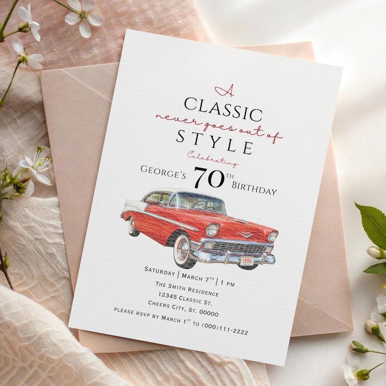 Puede incluir: Una tarjeta de invitaci&oacute;n de cumplea&ntilde;os blanca con una ilustraci&oacute;n de un coche cl&aacute;sico rojo y blanco. El texto dice: A CLASSIC never goes out of STYLE Celebrating GEORGE'S 70TH BIRTHDAY, seguido de los detalles del evento para el s&aacute;bado 7 de marzo a las 13:00.