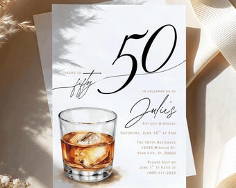 50th Birthday Invitation Template, Turning Fifty, Whiskey Theme, Milestone Birthday, 50th Birthday Party Printable Invite, Canva, Him Her