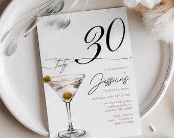 30th Birthday Invitation, Martini Birthday Invitation, Cheers to Thirty, Cocktail Birthday Party, Modern Elegant, Canva Editable Template