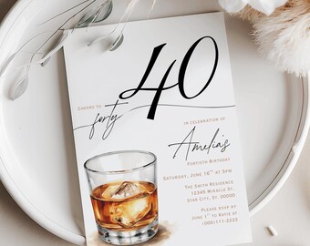 Sjabloon 40e verjaardagsuitnodiging, veertig worden, whiskythema, mijlpaalverjaardag, afdrukbare uitnodiging 40e verjaardagsfeestje, Canva, hem haar