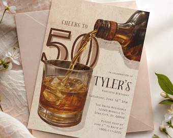 May include: A rectangular invitation card featuring a graphic of a whiskey bottle pouring amber liquid into a glass with ice. The text reads CHEERS TO 50, IN CELEBRATION OF TYLER'S FORTIETH BIRTHDAY, SATURDAY, JUNE 16TH 3PM, THE SMITH RESIDENCE, 12345 MIRACLE ST.