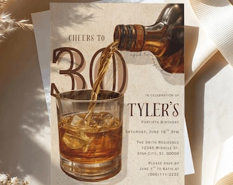 May include: A rectangular invitation card featuring a graphic of amber liquid pouring from a bottle into a glass with ice. Text reads: CHEERS TO 30, aged to perfection, IN CELEBRATION OF TYLER'S FORTIETH BIRTHDAY, SATURDAY, JUNE 16TH 3PM, THE SMITH RESIDENCE 12345 MIRACLE ST. STAR CITY, ST. 00000, PLEASE RSVP BY JUNE 1ST TO KATIE AT (000)111-2222.