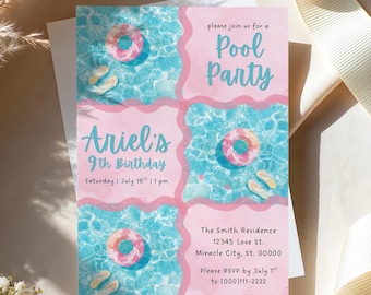 May include: A pink and blue pool party invitation with the text "Ariel's 9th Birthday" and "Pool Party". The design includes illustrations of pool floats and flip-flops, with the date and time of the party.