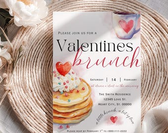 Valentines Brunch Invitation Template | Galentine’s Day Brunch Invite | Pancakes & Coffee | Editable Canva Template | Printable