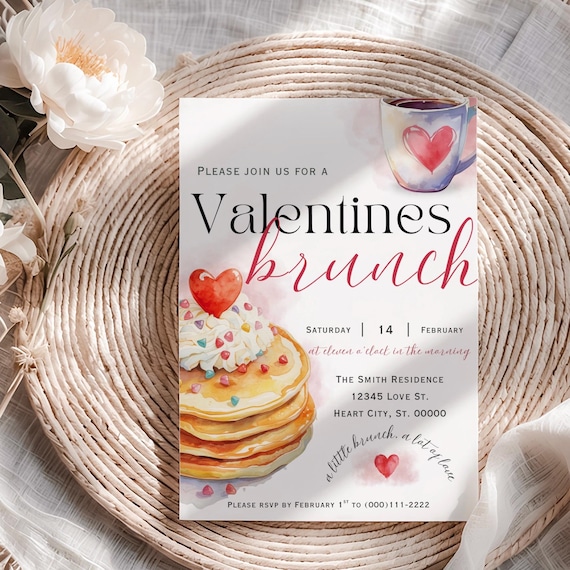 Valentines Brunch Invitation Template | Galentine’s Day Brunch Invite | Pancakes & Coffee | Editable Canva Template | Printable