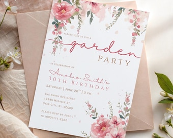 May include: A floral garden party invitation with pink watercolor flowers and the text "garden party". The invitation is for Amelia Smith's 30th birthday, scheduled for June 20th at 3 PM. The invitation is on a white background with a pink envelope.