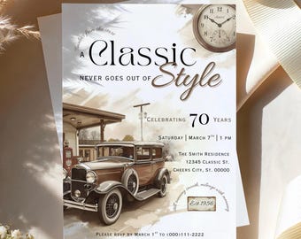 Oldtimer-Geburtstagseinladung | Ein Klassiker, der nie aus der Mode kommt Vintage Geburtstagseinladung | Meilenstein Geburtstag | Bearbeitbare Vorlage