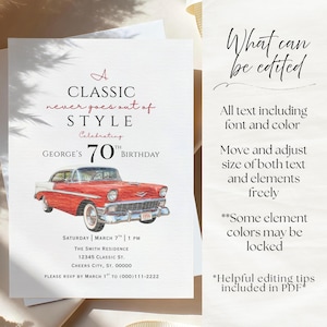 Puede incluir: Una tarjeta de invitaci&oacute;n de cumplea&ntilde;os con una ilustraci&oacute;n de un coche antiguo rojo y blanco. El texto dice A CLASSIC never goes out of STYLE Celebrating GEORGE'S 70TH BIRTHDAY, con detalles del evento, fecha, hora y ubicaci&oacute;n.