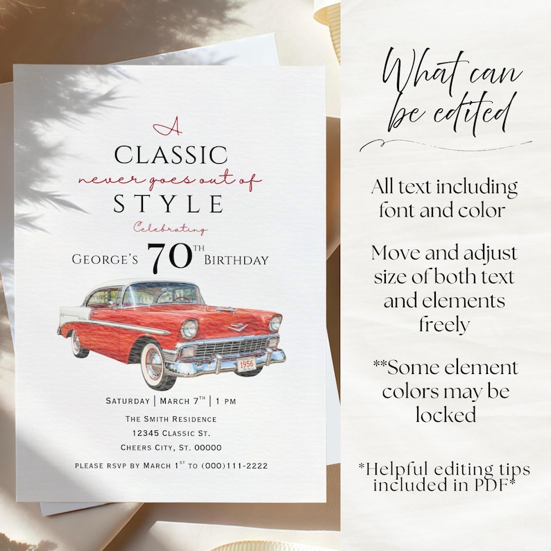 Puede incluir: Una tarjeta de invitaci&oacute;n de cumplea&ntilde;os con una ilustraci&oacute;n de un coche antiguo rojo y blanco. El texto dice A CLASSIC never goes out of STYLE Celebrating GEORGE'S 70TH BIRTHDAY, con detalles del evento, fecha, hora y ubicaci&oacute;n.