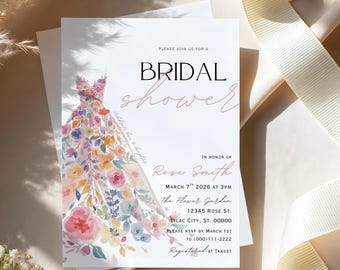 Bridal Shower Invitation Template | Floral Wedding Dress Invite | Elegant Minimal Bridal Shower | Editable Printable Invite | Canva Template