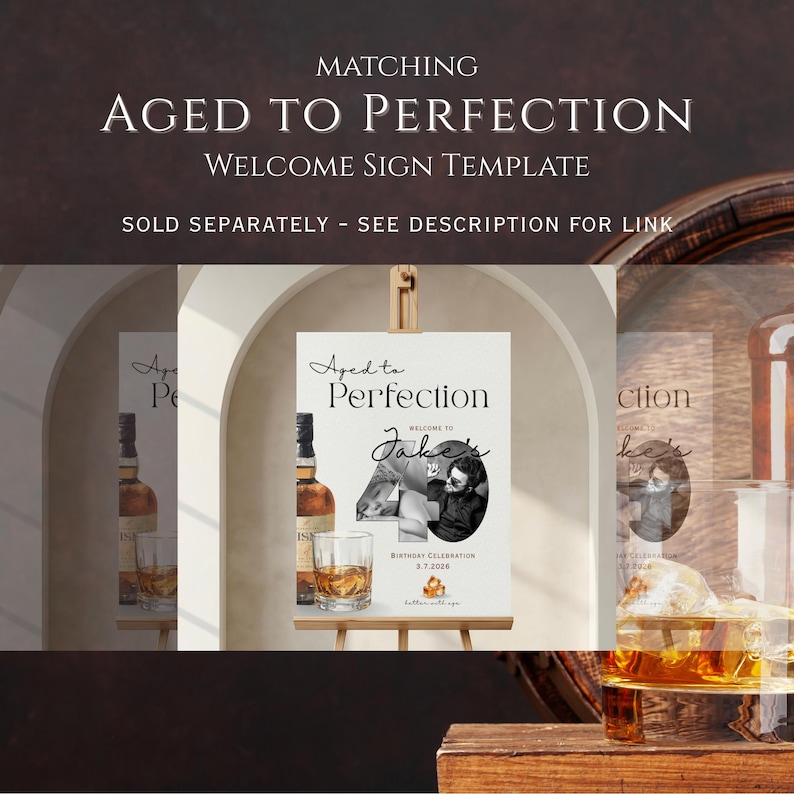 Peut inclure: Mod&egrave;le de panneau de bienvenue &laquo; Aged to Perfection &raquo;. Le panneau est sur un petit chevalet en bois. Le panneau porte le texte &laquo; Aged to Perfection &raquo; et &laquo; Welcome to Jake's &raquo;. Une bouteille de whisky et un verre de whisky sont &agrave; c&ocirc;t&eacute; du panneau.
