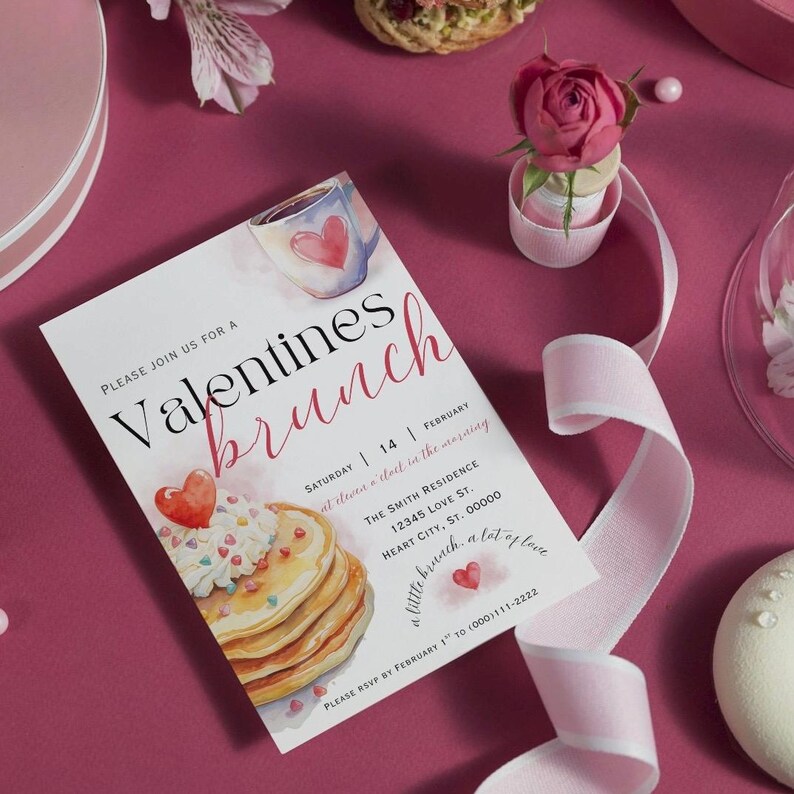 K&ouml;nnte beinhalten: Eine Einladung zum Valentinstagsbrunch mit Aquarellillustrationen von Pfannkuchen, einer Kaffeetasse und Herzen. Die Einladung befindet sich auf einem rosa Hintergrund mit einem rosa Band und einer kleinen Rose. Der Text lautet "Valentines brunch".