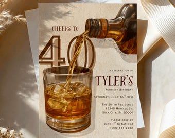 May include: A birthday invitation card featuring a brown glass bottle pouring amber liquid into a glass with ice cubes. The text reads: CHEERS TO 40, IN CELEBRATION OF TYLER'S FORTIETH BIRTHDAY, SATURDAY, JUNE 16TH 3PM, THE SMITH RESIDENCE, 12345 MIRACLE ST.