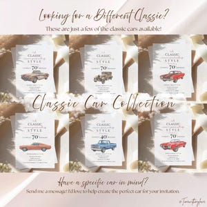 Puede incluir: Una colecci&oacute;n de seis tarjetas de invitaci&oacute;n rectangulares blancas con ilustraciones de varios coches cl&aacute;sicos. Cada tarjeta incluye el texto A Classic Never Goes Out Of Style, detalles de cumplea&ntilde;os e informaci&oacute;n del evento.