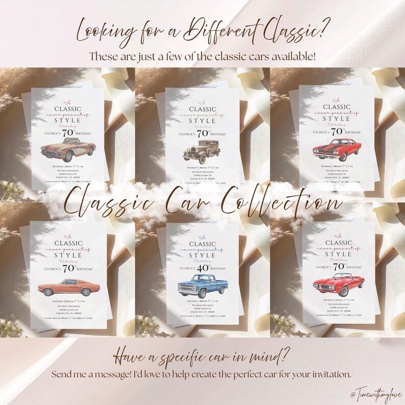 Puede incluir: Una colecci&oacute;n de seis tarjetas de invitaci&oacute;n rectangulares blancas con ilustraciones de varios coches cl&aacute;sicos. Cada tarjeta incluye el texto A Classic Never Goes Out Of Style, detalles de cumplea&ntilde;os e informaci&oacute;n del evento.