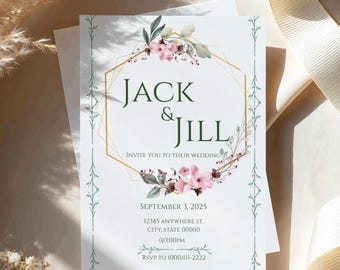 Wedding Invitation Template, Floral Wedding Invite, Sage Green Wedding Invitation, Modern Botanical Wedding Invite, Printable, Canva