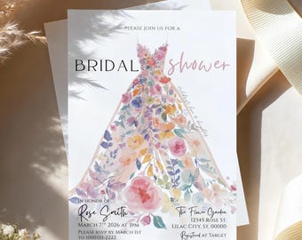 Bridal Shower Invitation Template, Floral Dress Invite, Editable Floral Bridal Shower, Boho Garden Invitation, Watercolor, Canva Template