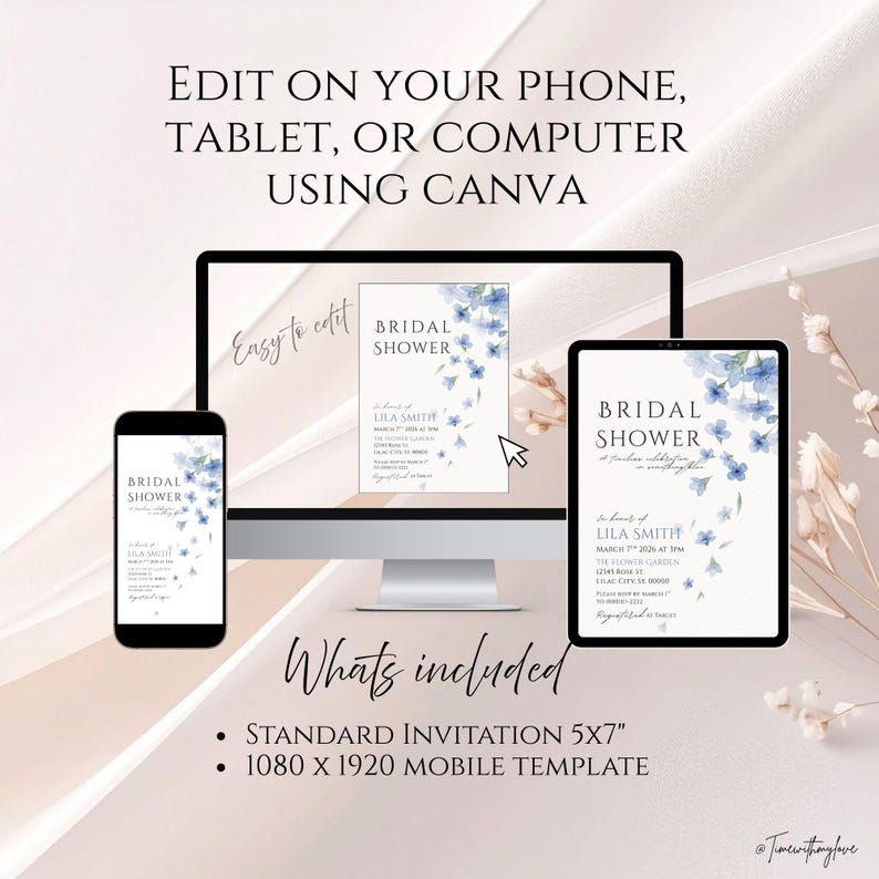May include: A digital design mockup featuring a bridal shower invitation on a smartphone, computer monitor, and tablet. The invitation has blue floral accents and the text "Bridal Shower". The image includes the text "Edit on your phone, tablet, or computer using Canva."