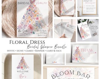 May include: A bridal shower stationery bundle featuring a watercolor floral dress illustration in pink, purple, and blue tones. Includes an invitation, thank you cards, a build your own bouquet sign, game cards, a welcome sign, and a bloom bar banner.
