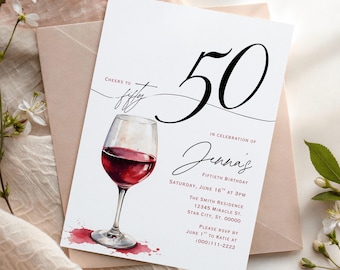 50th Birthday Party Invitation, Cheers to Fifty Invite Template, Elegant Wine Invite, Wine Invite, Minimalist Adult Birthday, Canva Editable