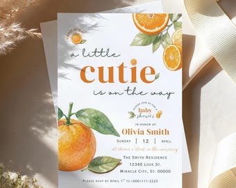 Little Cutie Babyparty Einladungsvorlage, Citrus Babyparty einladen, Orange Babyparty, A Little Cutie ist auf dem Weg, bearbeitbare Canva