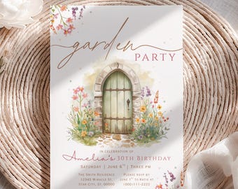 May include: A garden party invitation with watercolor illustrations. The invitation features a green door, flowers, and the text "garden party." It includes details for Amelia's 30th birthday, including the date, time, and RSVP information.